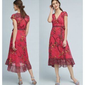 ANTHROPOLOGIE MAEVE Valentine Wrap Dress Floral Heart Feminine Coquette Size 16